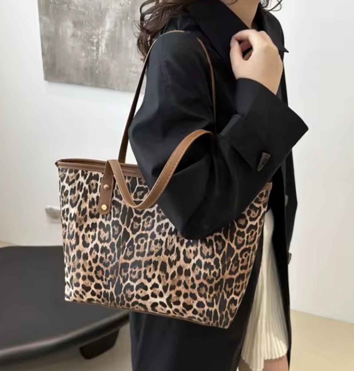 2 Set Women Leopard Print Tote PU Shoulder Bag Large Capacity