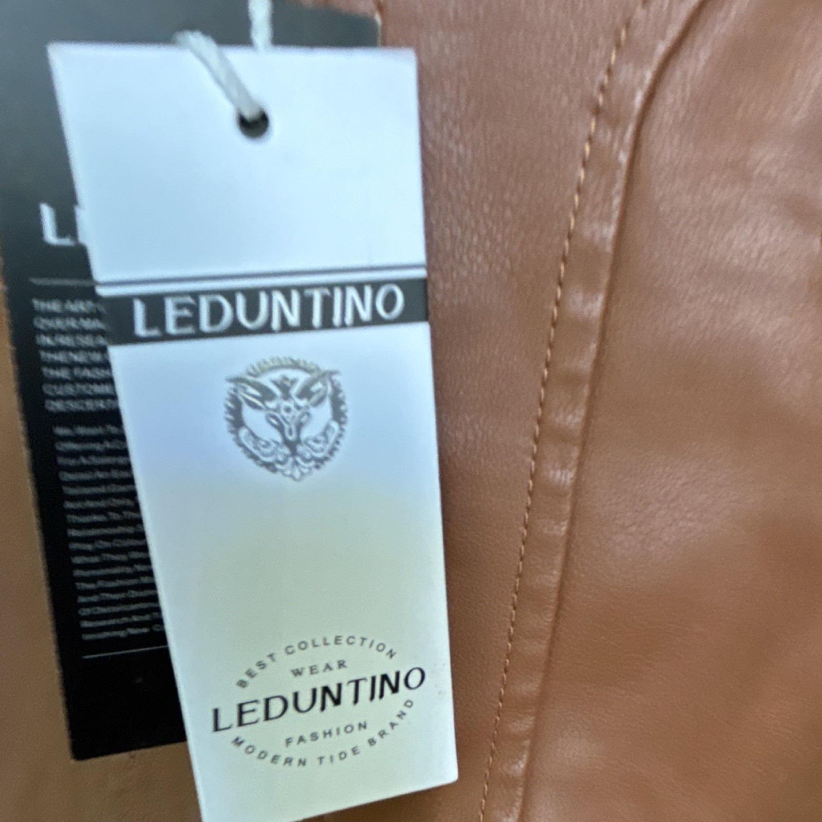 LEDUNTINO Men’s Brown Faux Leather Full Zip Biker Jacket Band Collar Lined M