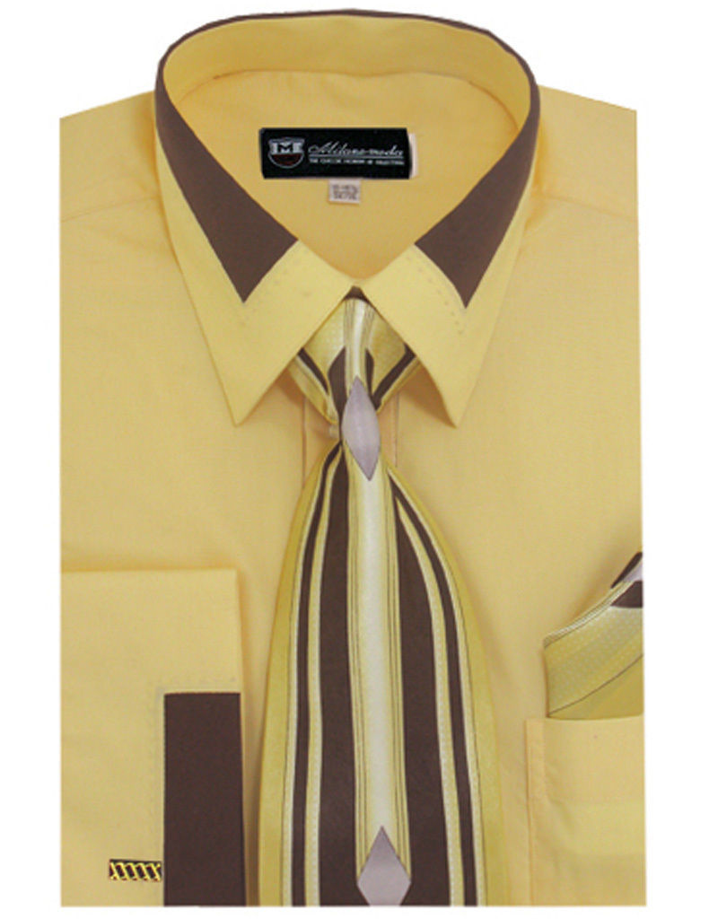 Men’s Unique design French Cuff Dress Shirt Accent Collar With Tie & Hanky SG34