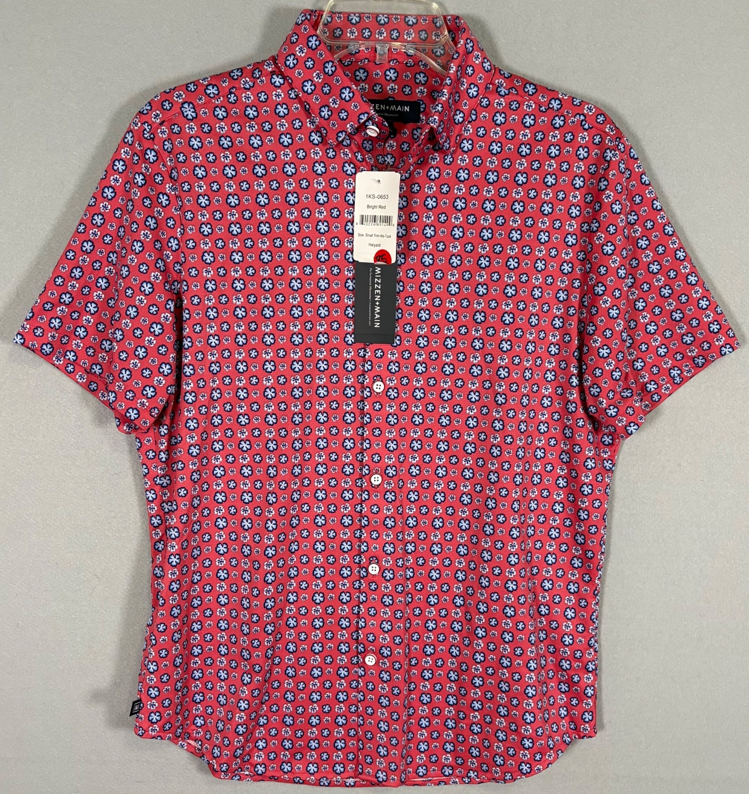 NWT Mizzen Main Performance Menswear Shirt Mens S Red Geometric Floral Aloha