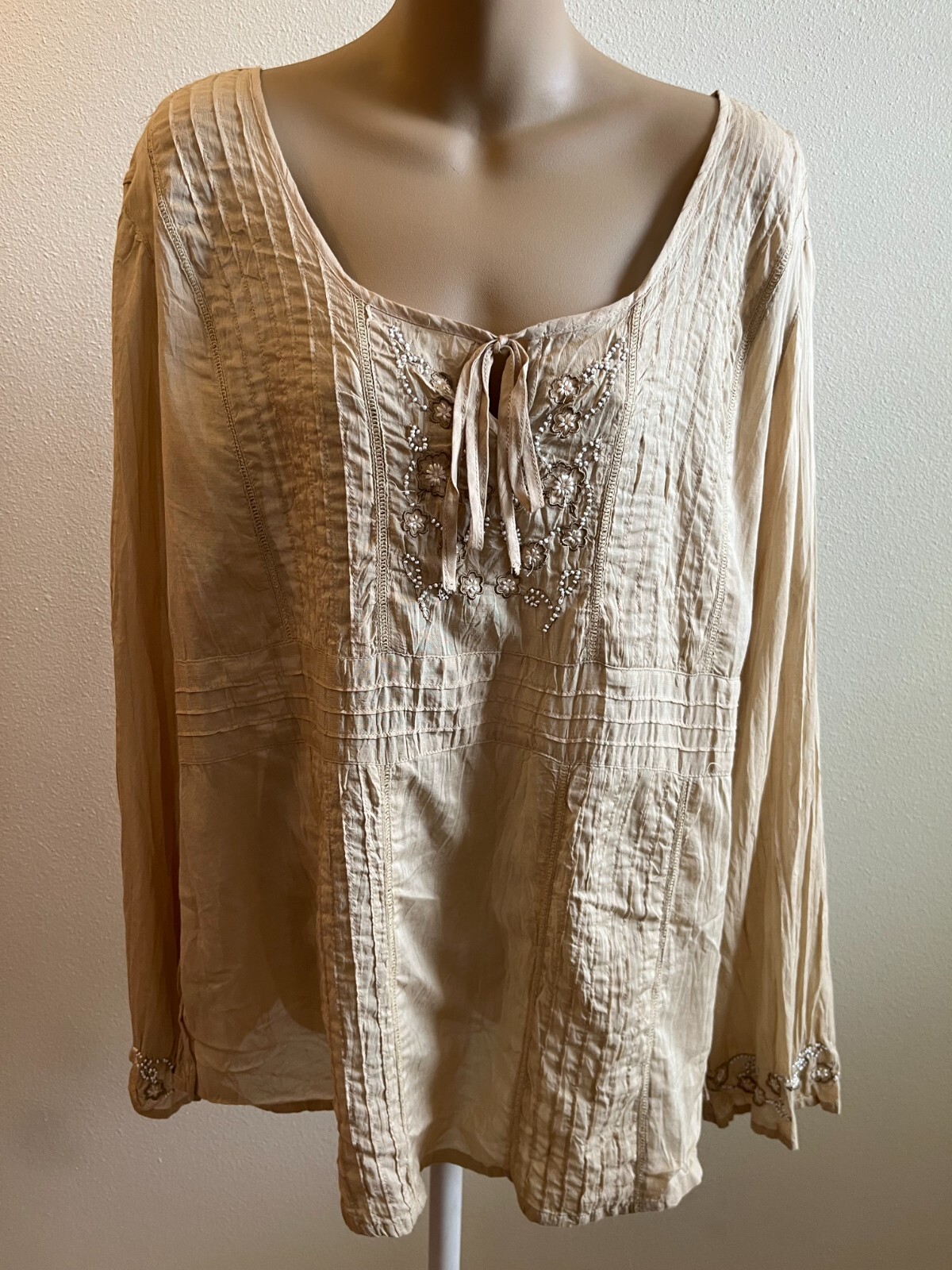 Faded Glory Blouse,Boho,Long Sleeve,Beaded,Embroidered,Pleated,Beige,Size 16W