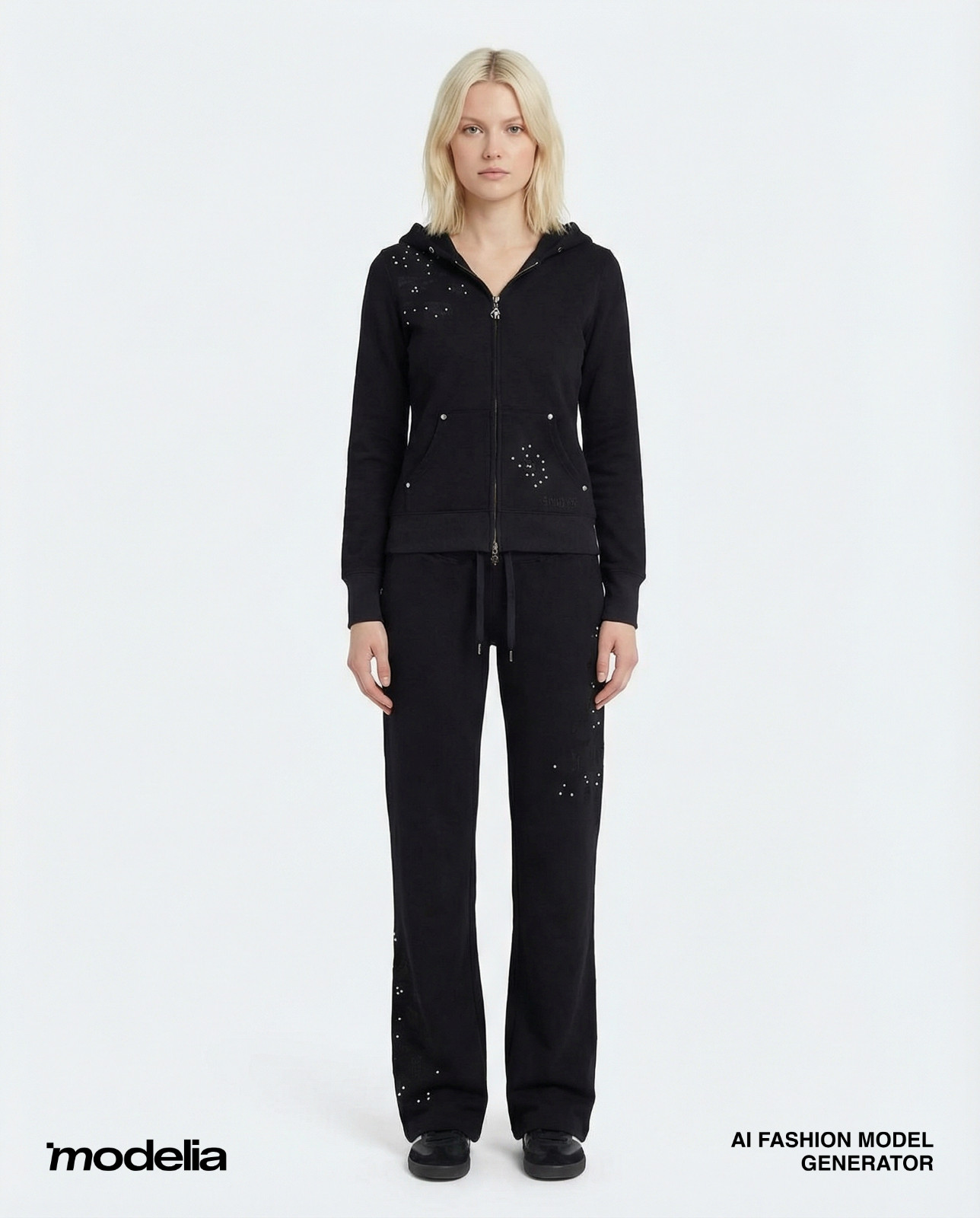 NWT BCBG sz LARGE (Bust38-40) BLK ON BLK APPLIQUE 100% COTTON 2 PIECE TRACKSUIT