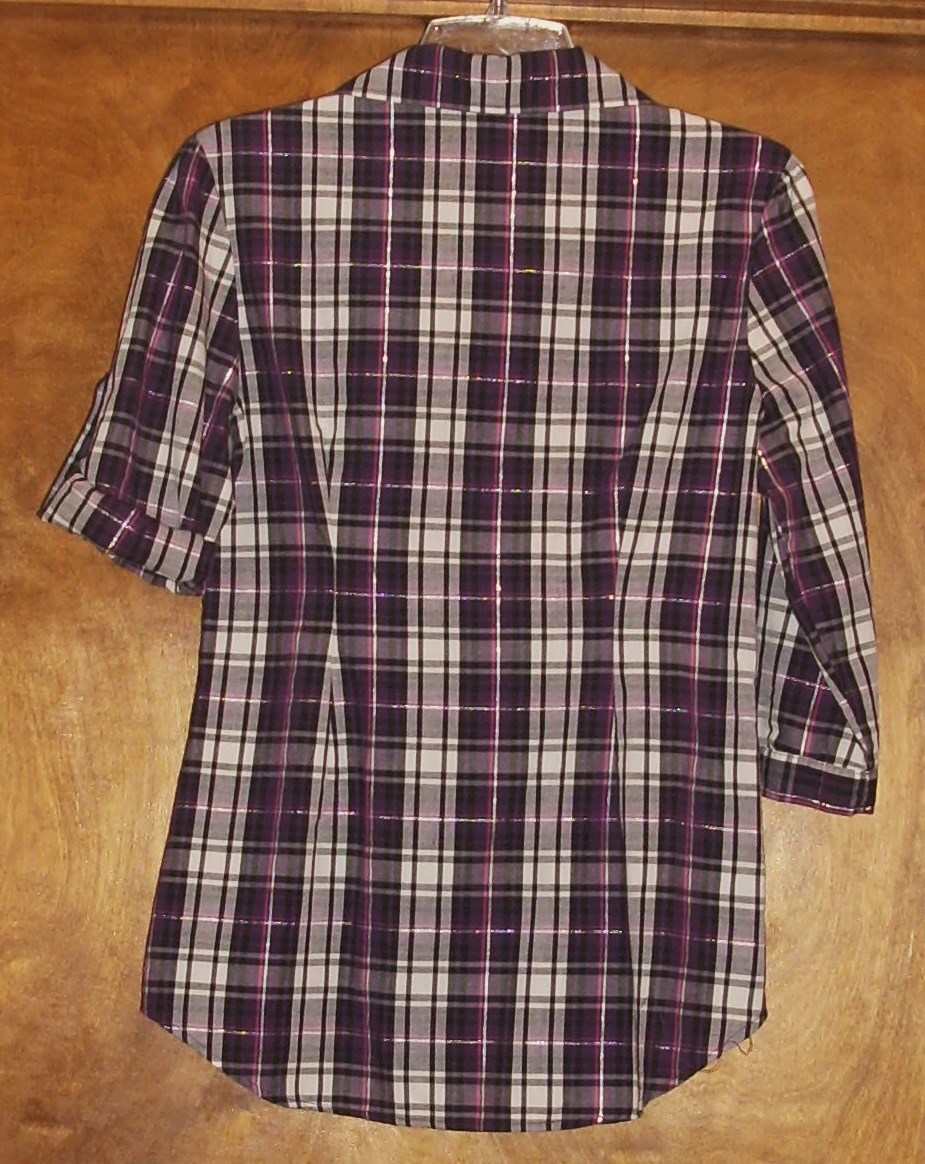 Bongo Purple Plaid Metallic Lurex Blouse, Sz L, Roll-Tab Sleeves, Button-Front
