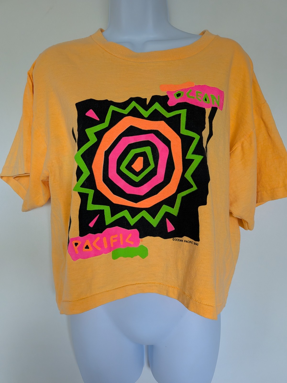 Vintage 1990 Ocean Pacific Women’s OP neon faded crop T-shirt top 80s retro 90s