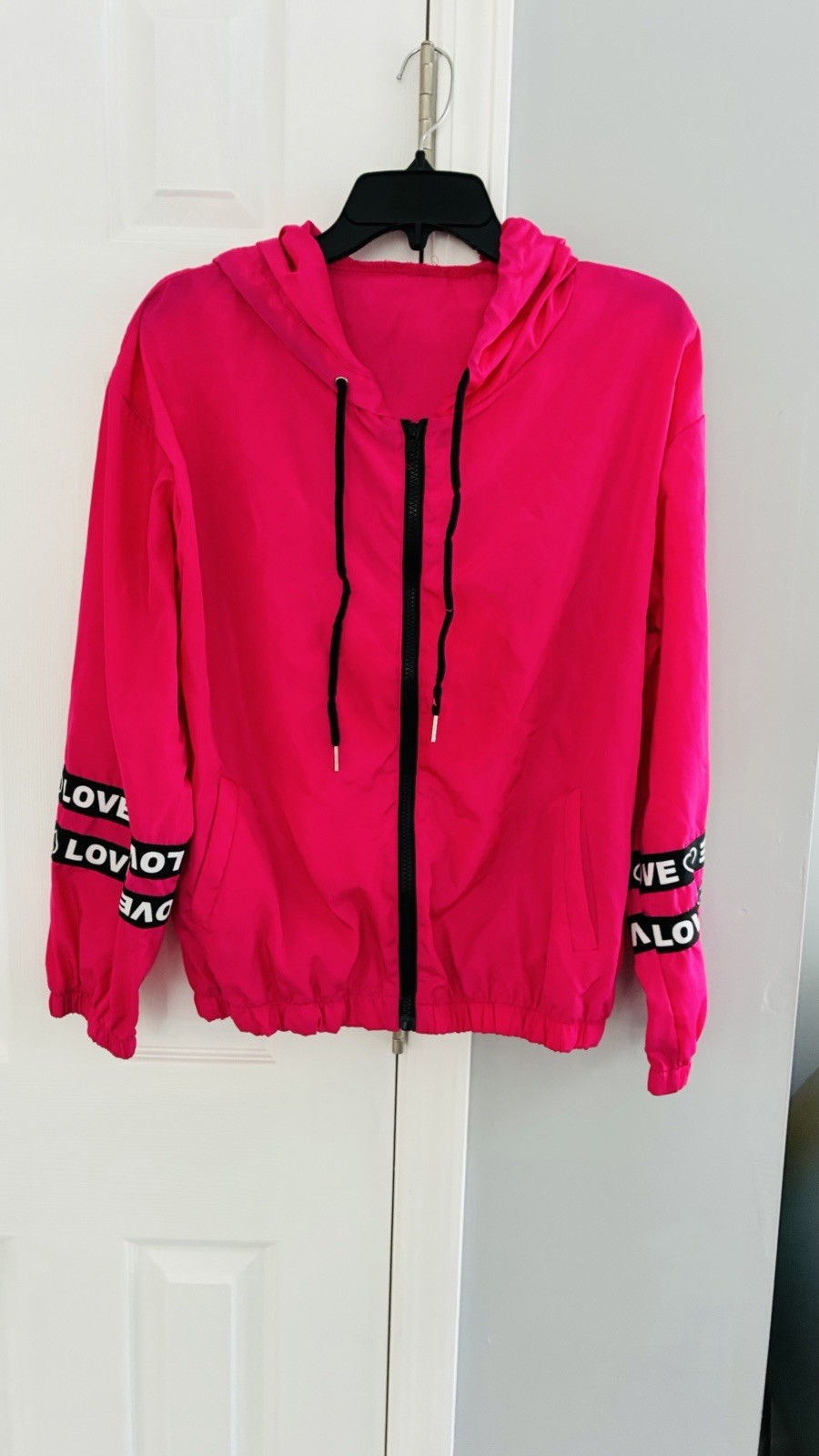 Neon Pink Windbreaker Hooded Jacket (I Love) – Full Zip – L (12/14)
