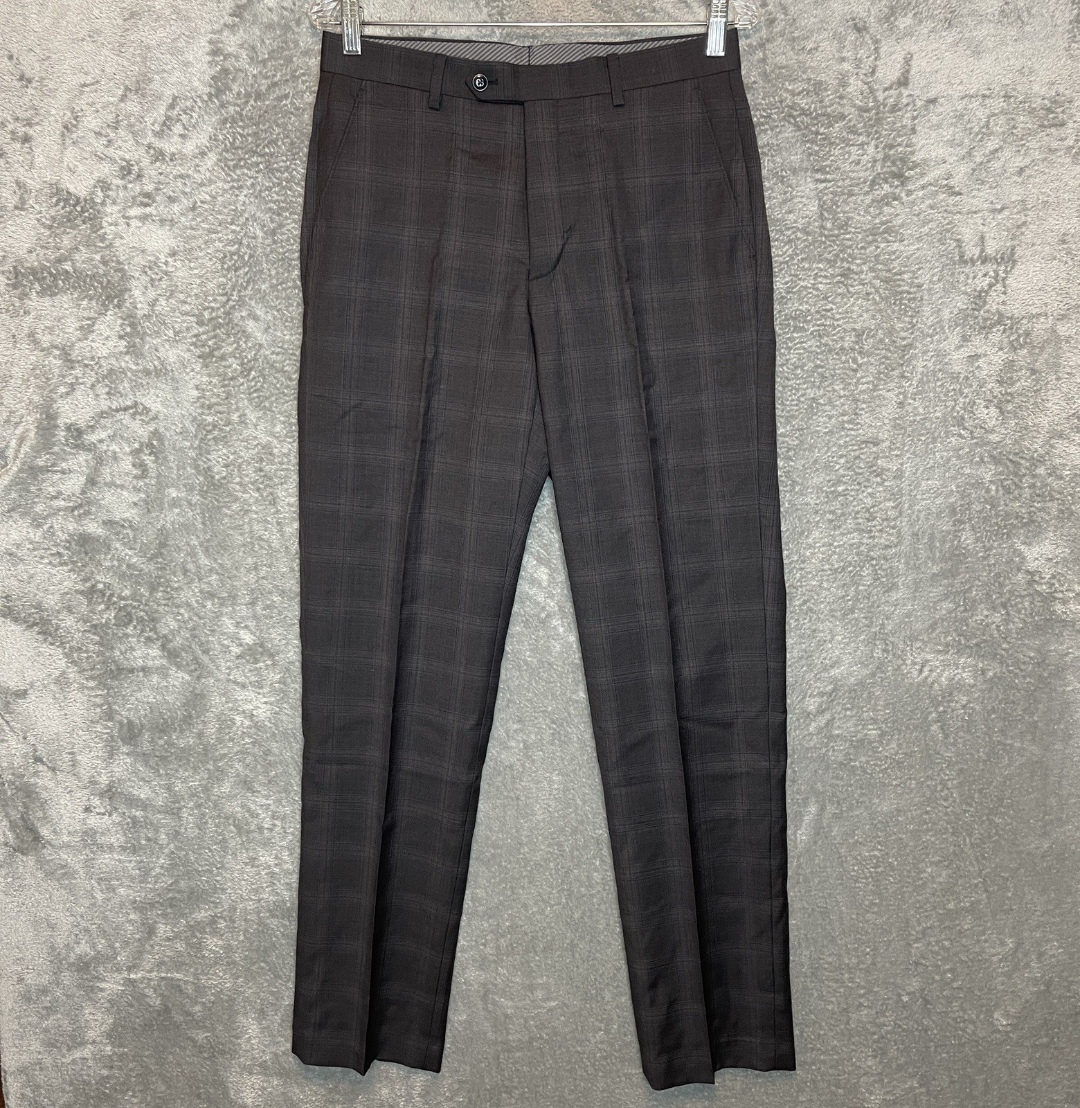 Michael Kors Mens Malone Classic Fit Plaid Wool Stretch Suit Pant Charcoal Brown
