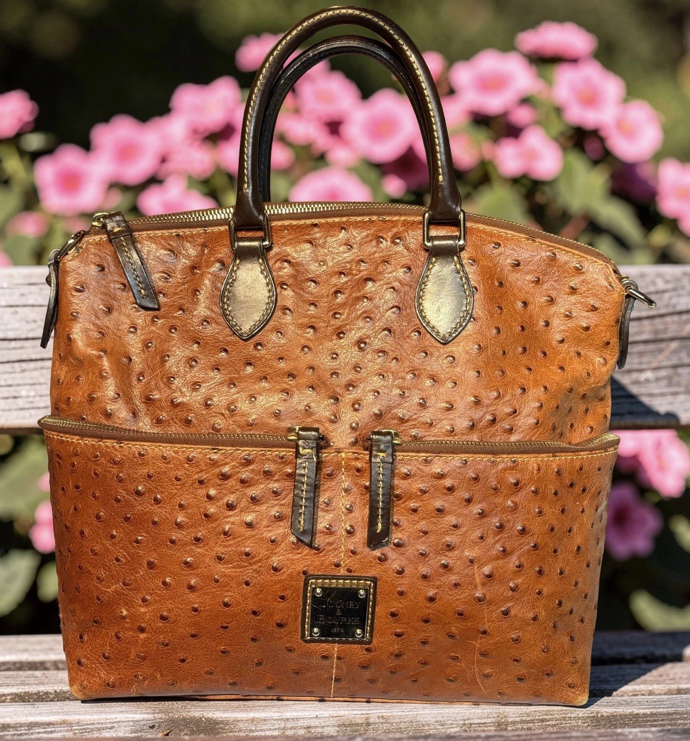 Dooney Bourke Chestnut Brown Ostrich Embossed Leather Front Pocket Satchel Tote