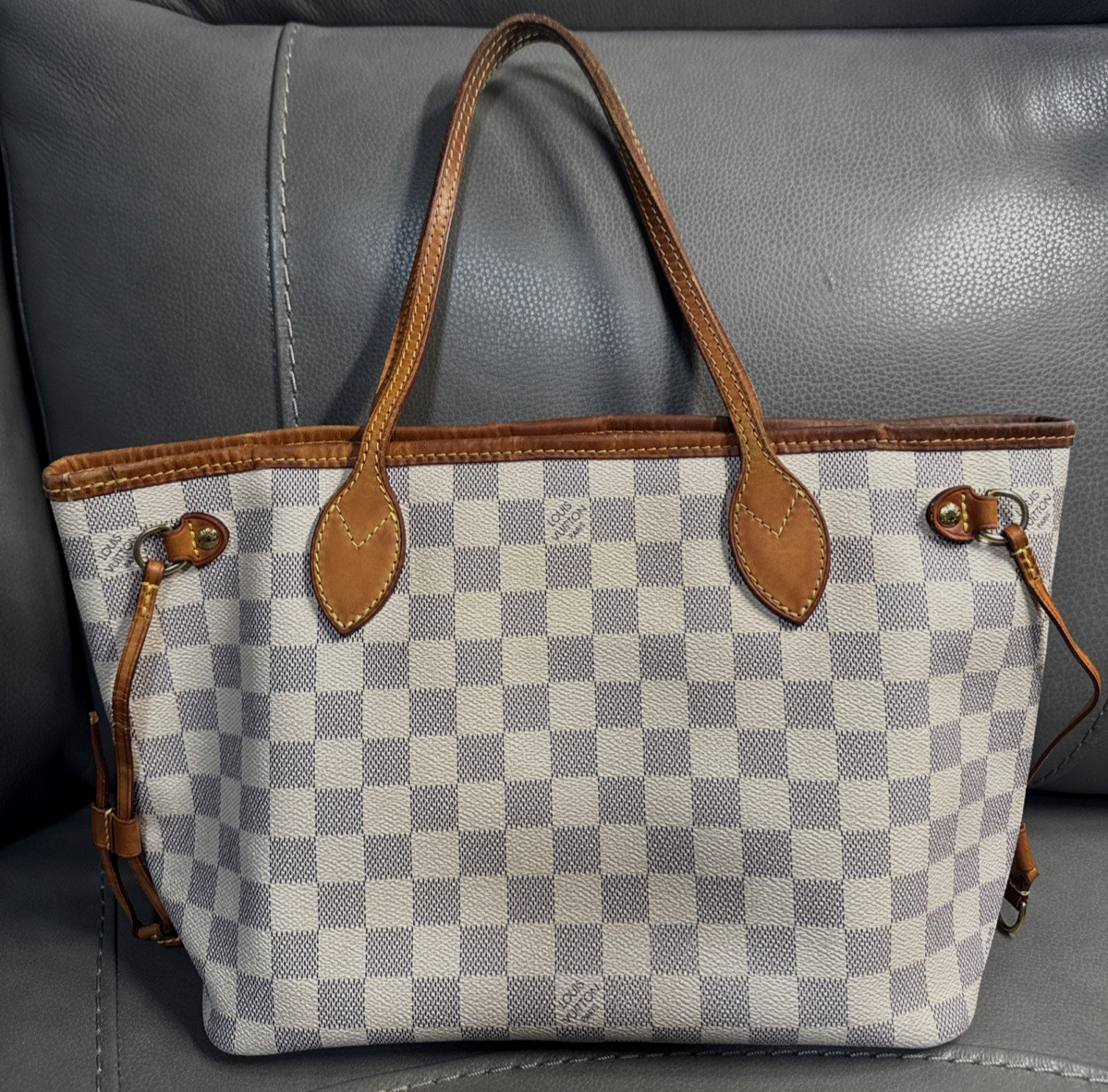 Authentic Louis Vuitton Neverfull PM Damier Azur Canvas Tote Shoulder Bag