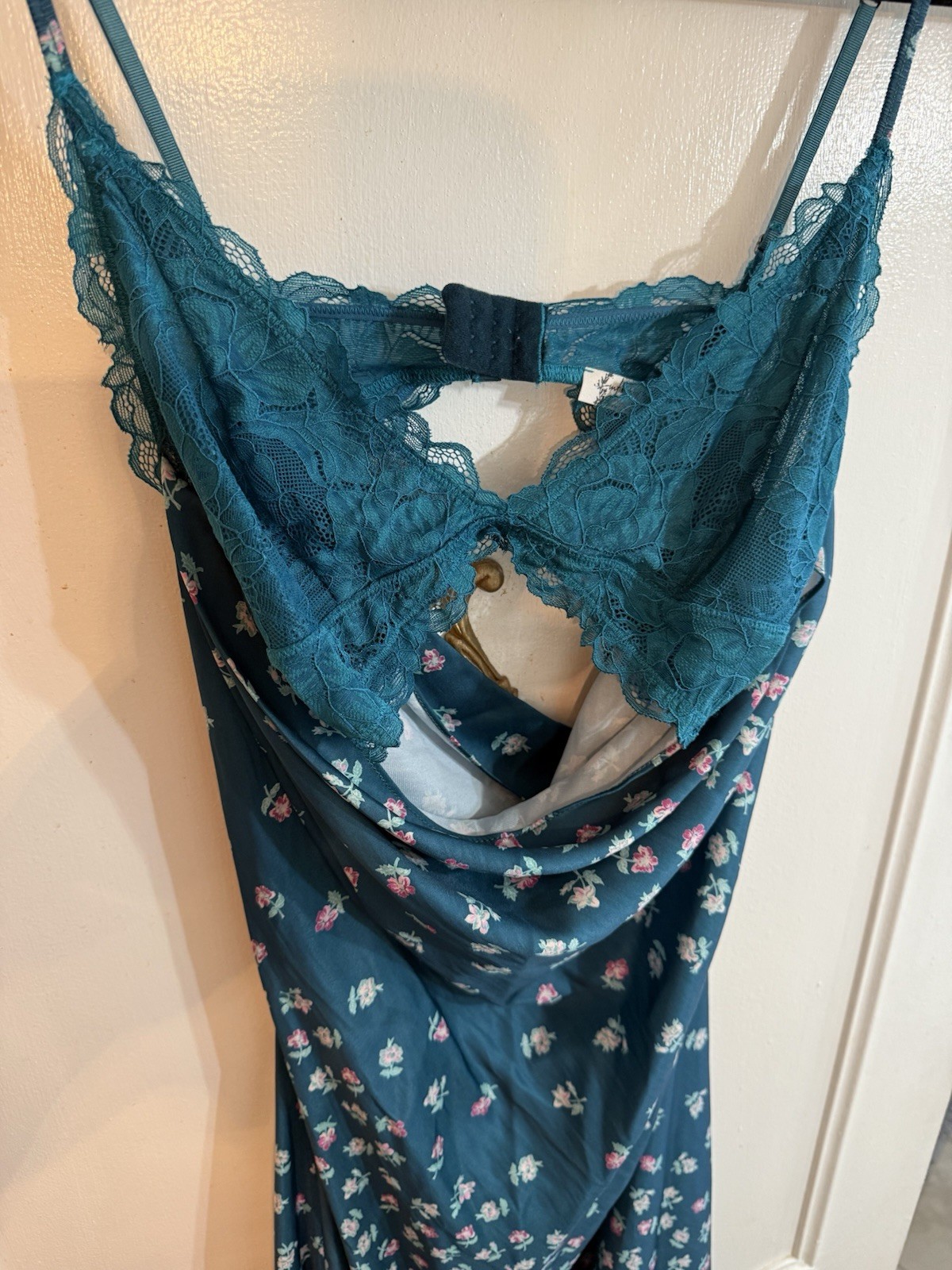 Free People Intimately Gossamer Glow Full Slip XS Teal Floral Satin Lace