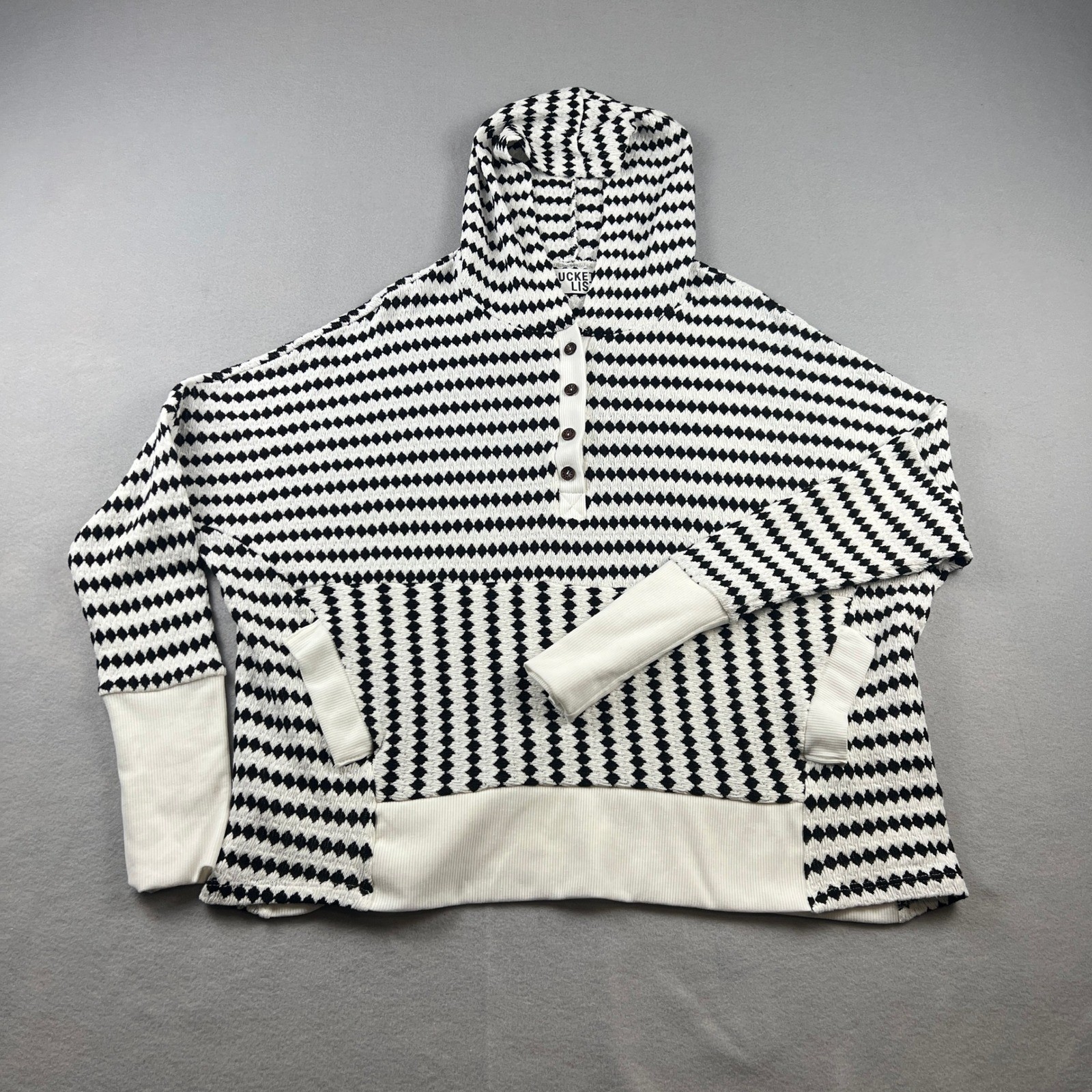 Oversized Knit Hoodie Womens Black White Geometric Henley Coastal Pullover