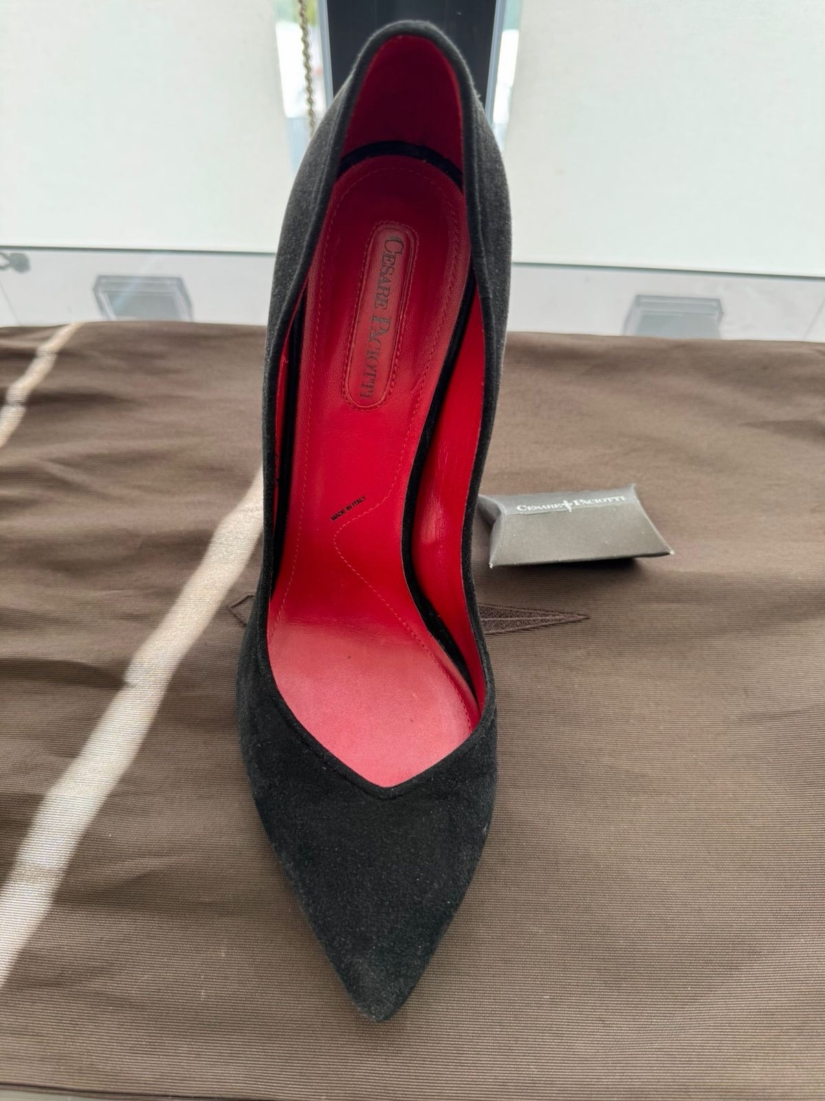 Cesare Paciotti Black Suede Pumps Gold Hardware Pointed Toe Stiletto Heel