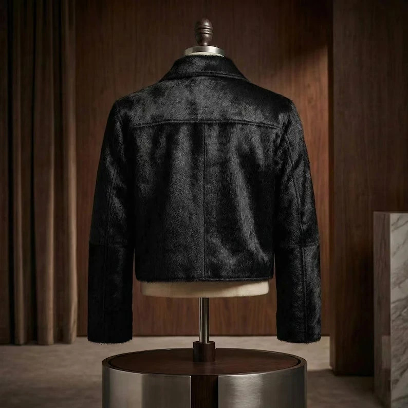 Genuine Hair-on Cowhide Leather Jacket – Black Pony Hair Biker Style. Custom Fit