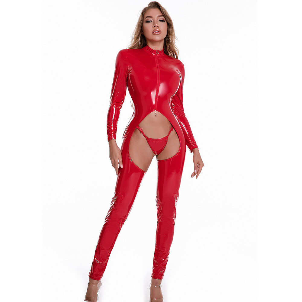 Womens PVC Leather Shiny Wet Look Jumpsuit Crotchless Bodysuit Catsuit w/ T-back