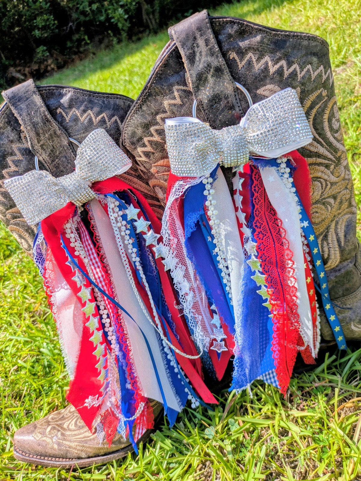 Red White & Blue Rhinestone Cowboy Boot Bows. Western Accessories Cowgirls Bling