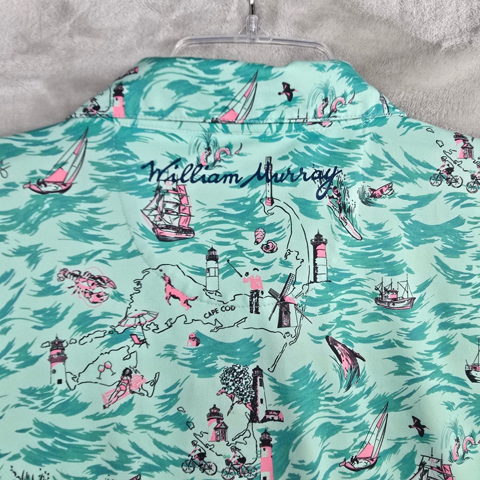William Murray Large Cape Cod Mens Aqua Nautical Map Print Golf Polo Shirt EUC