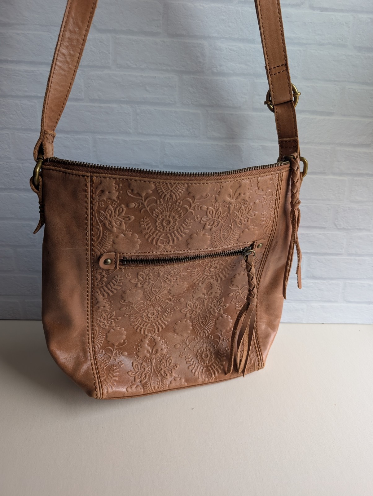 The Sak Ashland Embossed Leather Crossbody Bag Tobacco Floral Emboss