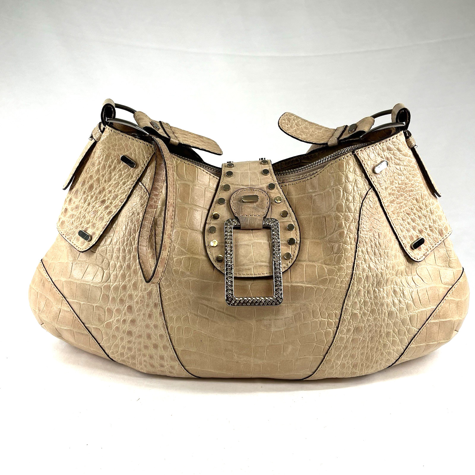 Vintage GUESS Y2K Beige Croc Embossed Logo Hobo Bag Studded Rhinestone Buckle