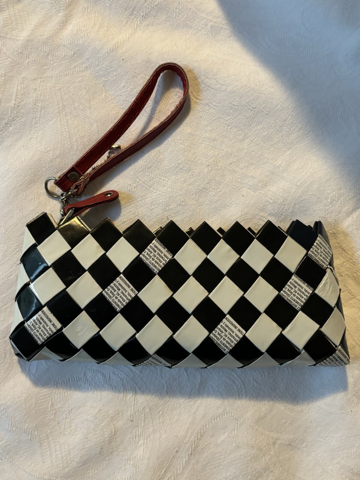 Nahui Ollin Black And White Candy Wrapper Zipper Closure Clutch Purse Bag