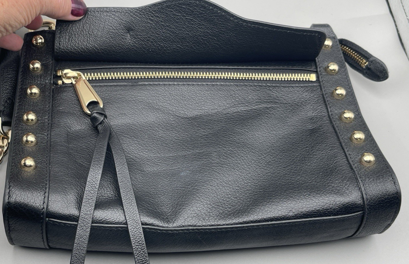 Rebecca Minkoff Women’s M.A.B. Crossbody Gold Studs Pebbled Black Leather Purse