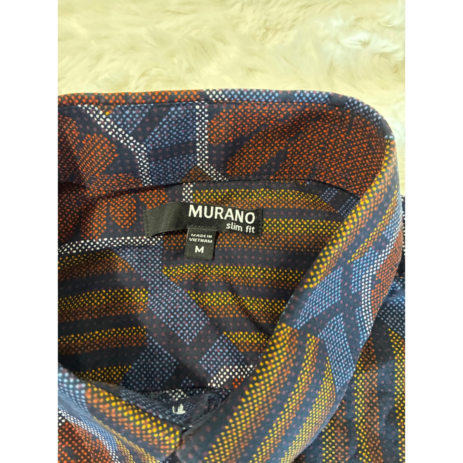 Murano Slim Fit Button Down Shirt Mens Medium Blue Orange Geometric Print Cotton