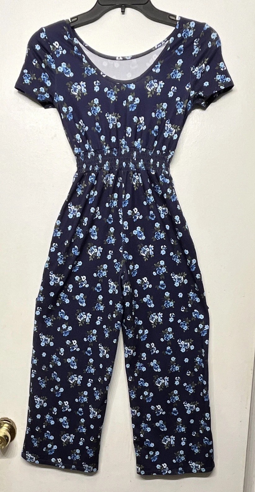 Social Academy Girls Navy Floral Jumpsuit Size 7 Elastic Waist Front Pockets