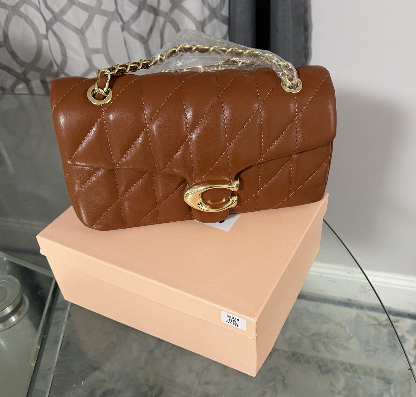 Brown Quilted Small Shoulder Bag Gold Chain Strap Turn Lock Flap Box