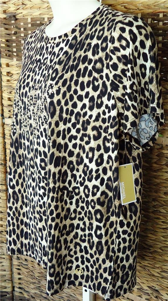 MICHAEL KORS BROWN LEOPARD ANIMAL PRINT STUDDED LOGO T-SHIRT TOP PLUS 3X NWT $88