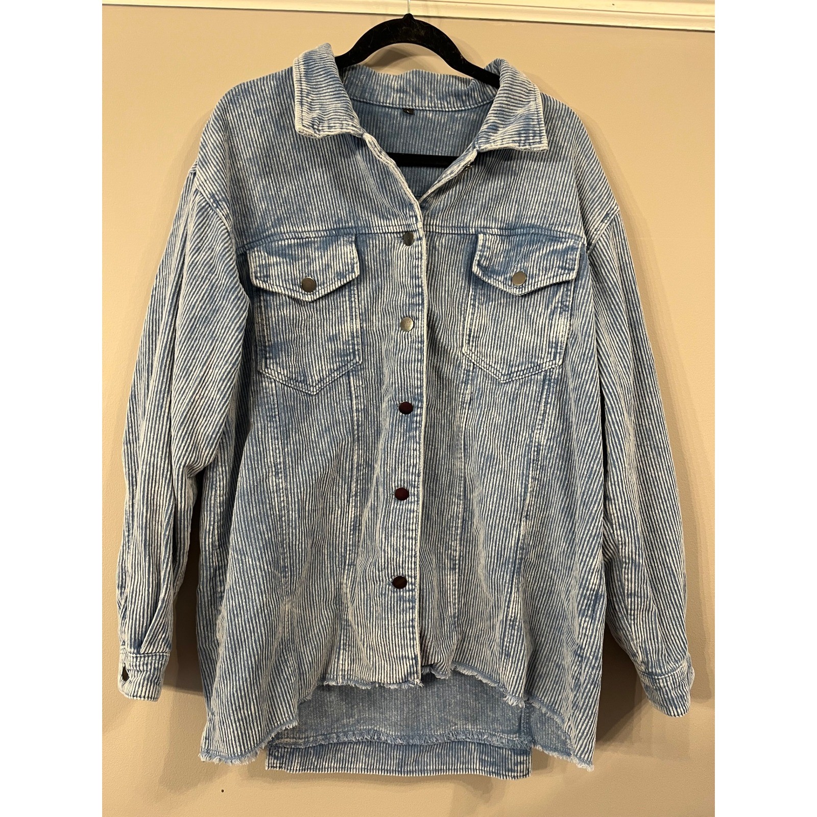 Blue Acid Wash Corduroy Shacket Oversized Button Down Frayed Hem Jacket Large