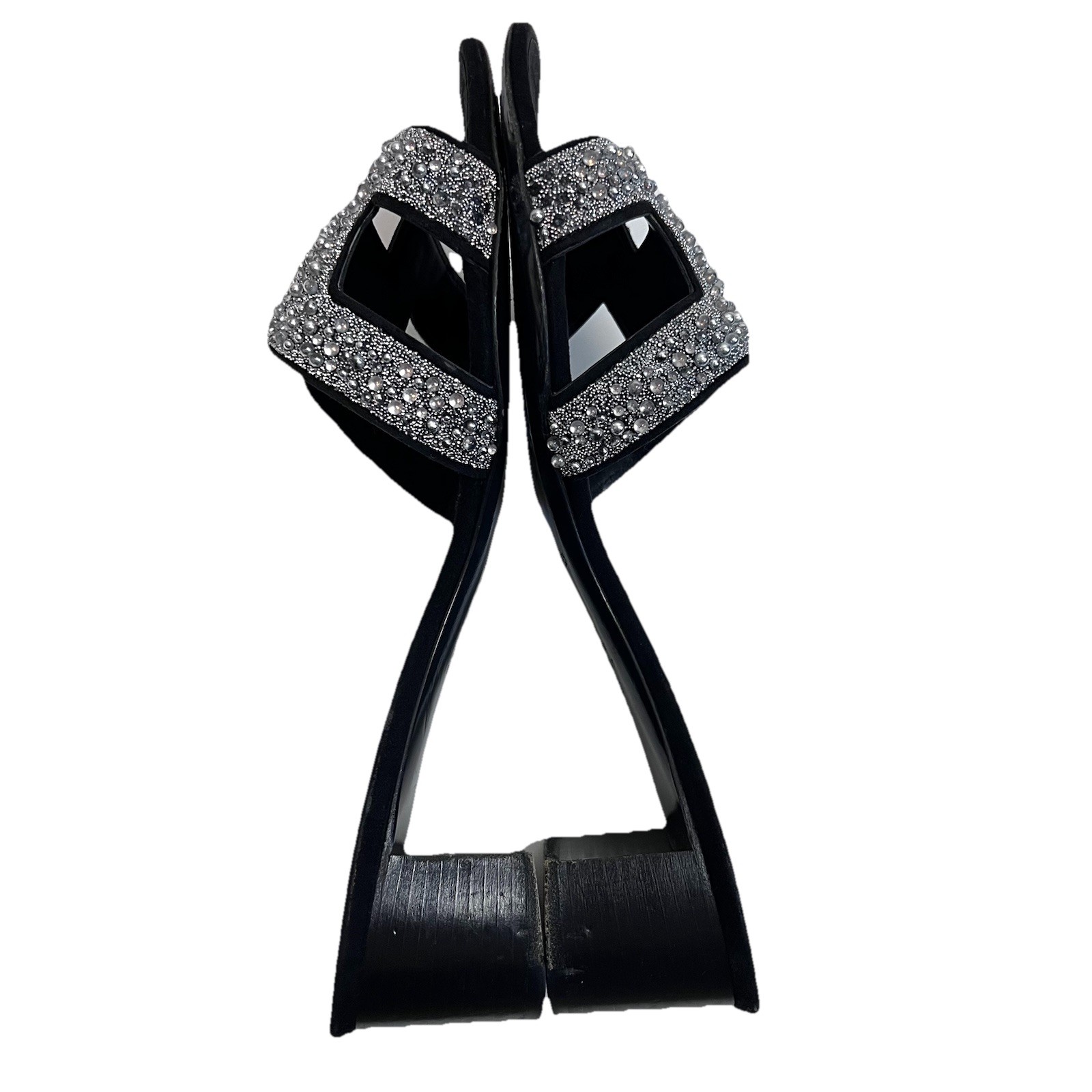 Hermès Oran Crystal Heeled Mule Sandals Black Leather 40 Silver Glitter Heels