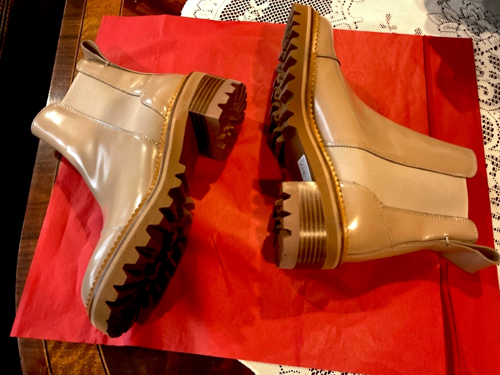 See by Chloe women beige leather ankle boot (38) lug sole round toe 2.25 in heel