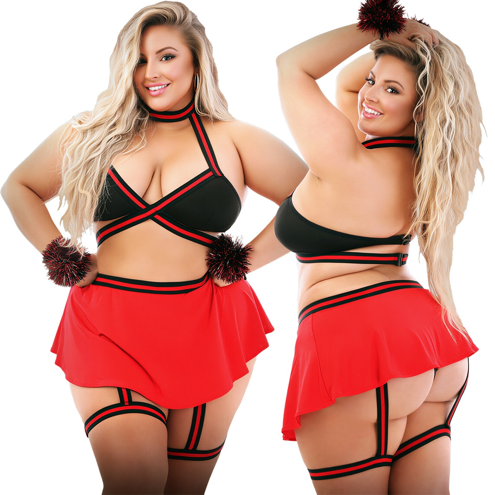 Fantasy Lingerie Play #Squadgoals Cheerleader Costume 4 PC Set Red Black 1X/2X