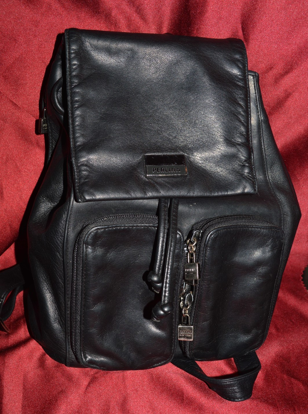 VINTAGE PERLINA BLACK LEATHER BACKPACK HANDBAG W/ PADLOCKS