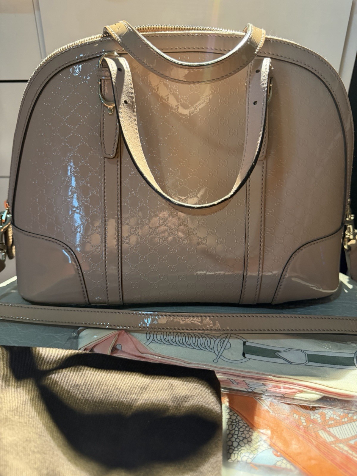 Gucci Gray Dome Satchel Top Handle Bag Detachable Strap Zip Dust Bag
