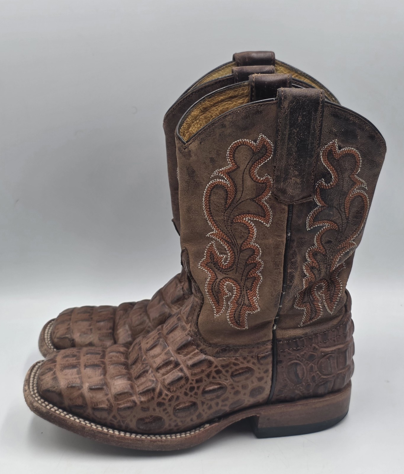 Horse Power HPK1070 Kids Cowboy Boots Sz 12 Brown Nile Print Square Toe Leather