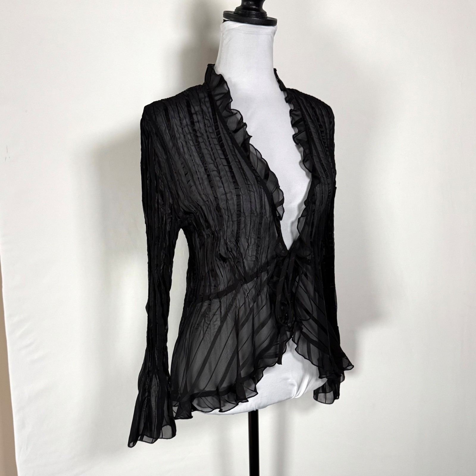 Y2K Vintage Sheer Black Tie Front Cardigan Top Size L Whimsy Fairy Goth Witch