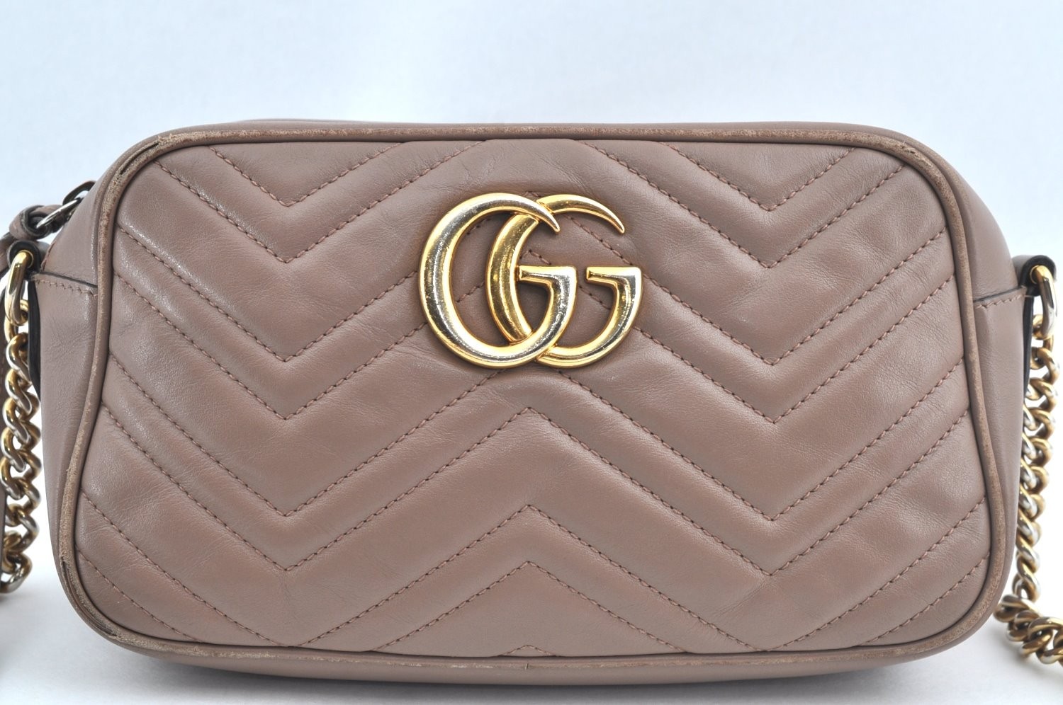 Auth GUCCI GG Marmont Chain Shoulder Cross Body Bag Leather 447632 Beige AA174