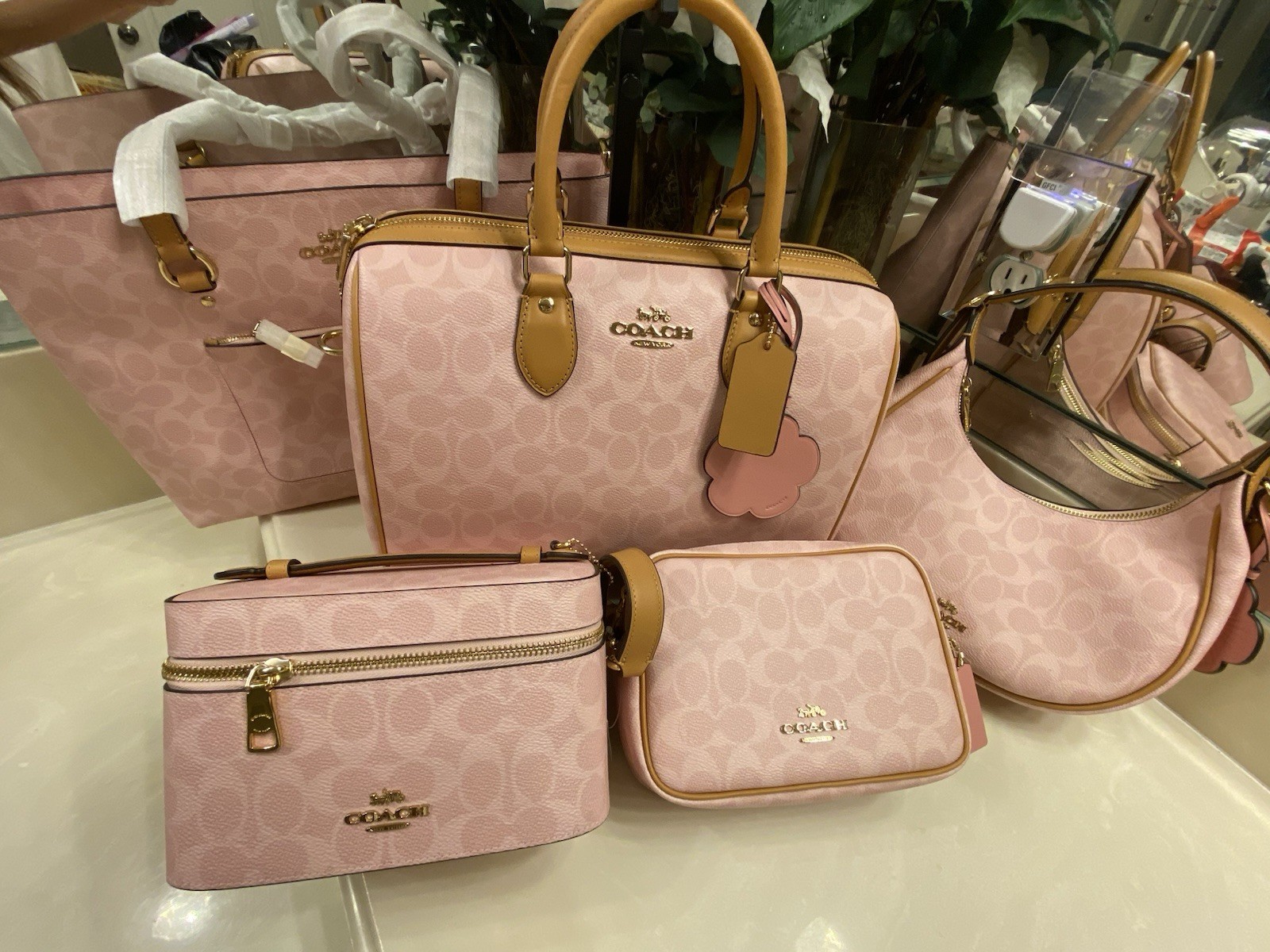 Coach Pink Signature Logo Crossbody Bag Top Handle Zip Gold Hardware Bag Charm
