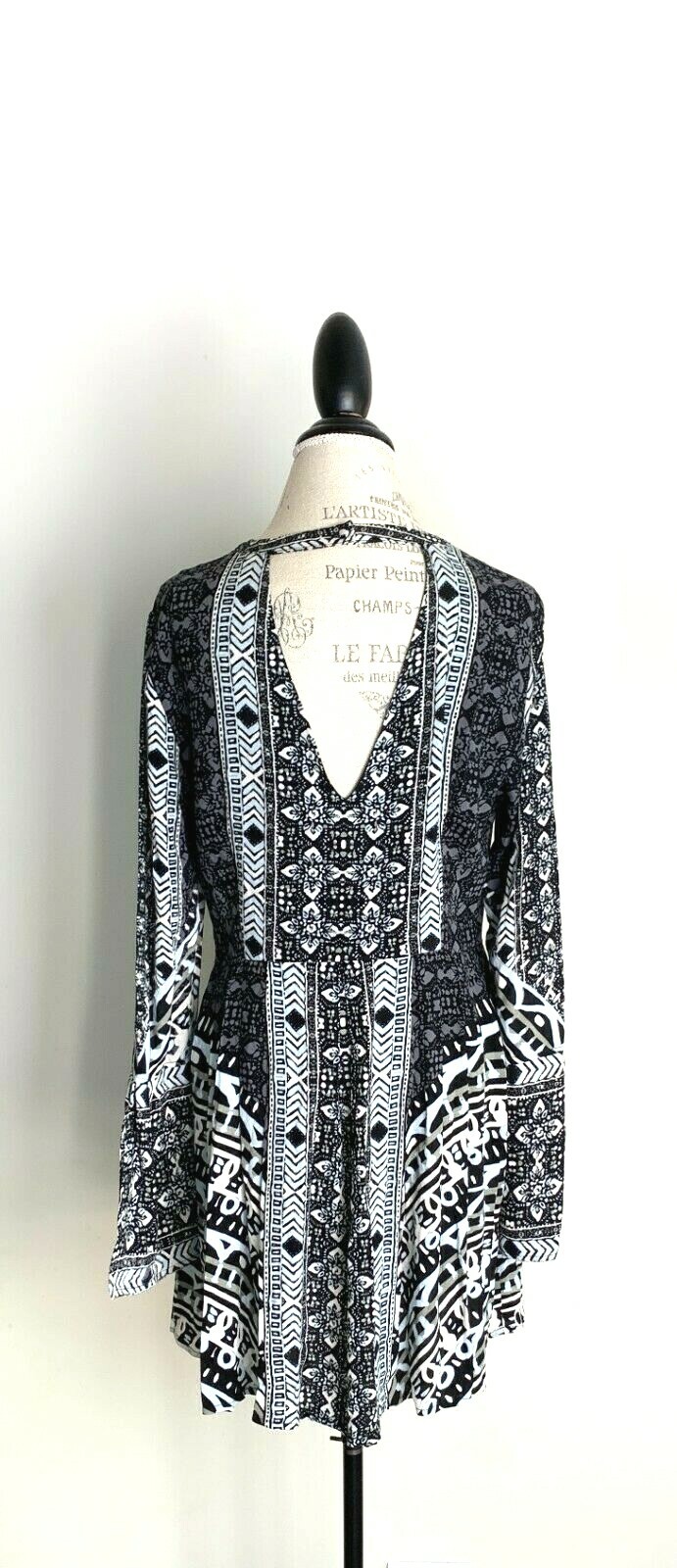 Free People Tegan Printed Cut Out Mini Dress Black 8