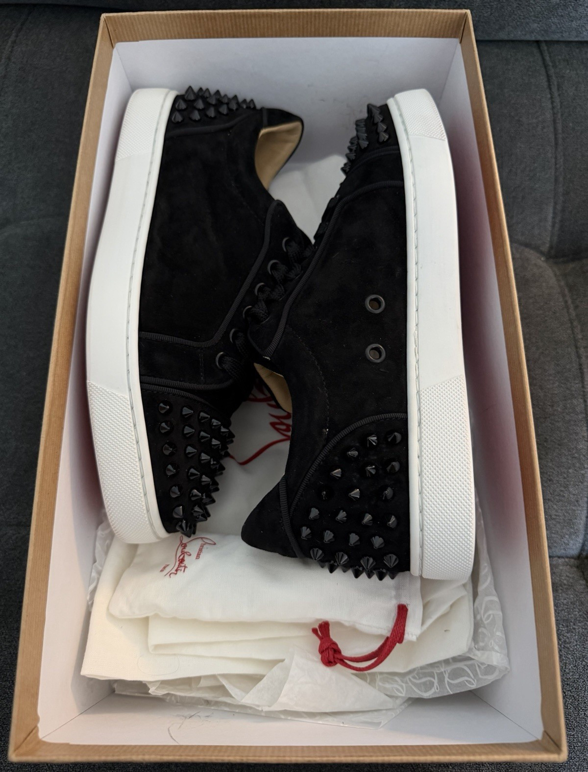 Christian Louboutin Men’s Black Suede Spiked Low-Top Lace-Up Sneakers US 6.5