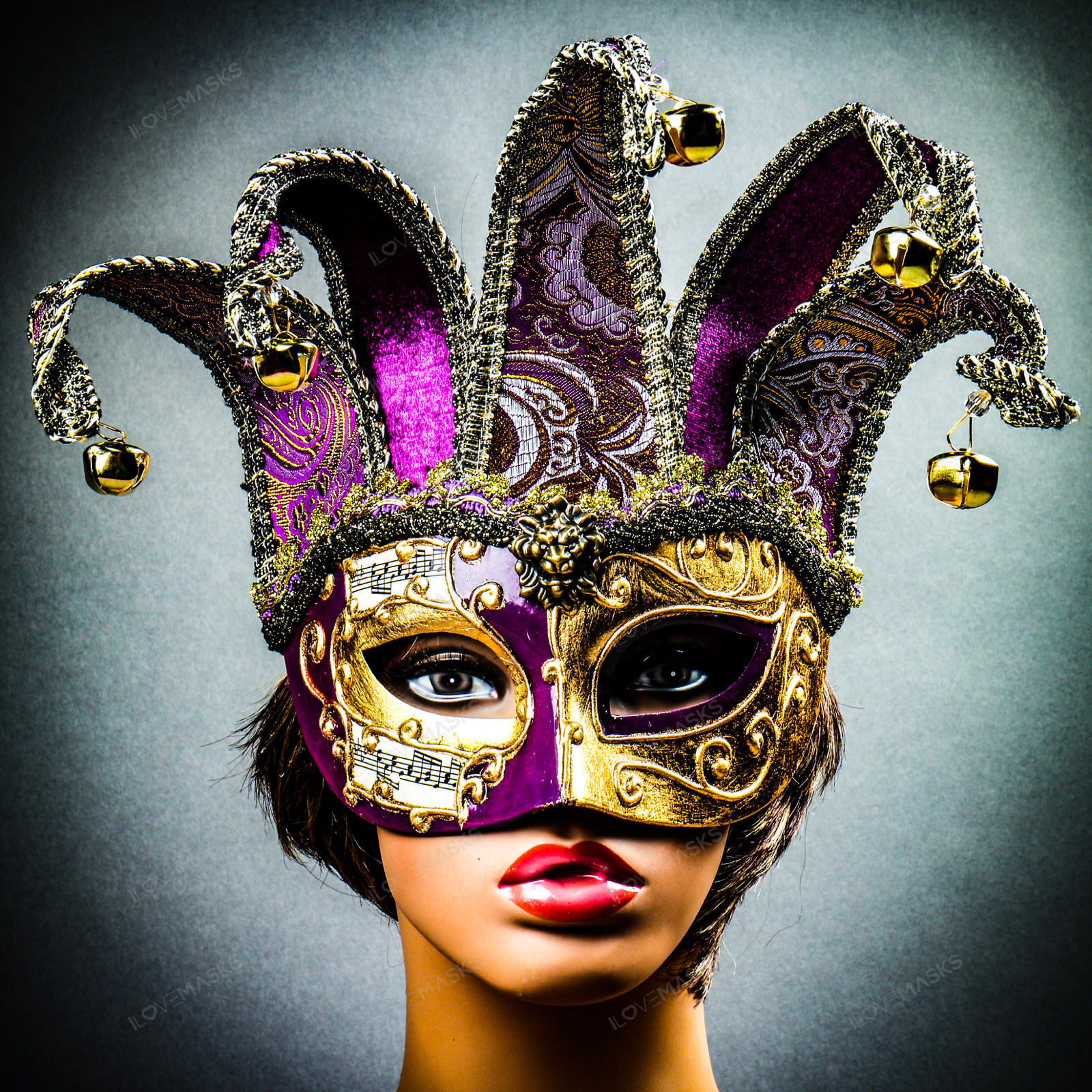 Jester Joker Venetian Musical Eye Mask with Bells Gold Purple Halloween Eye Mask