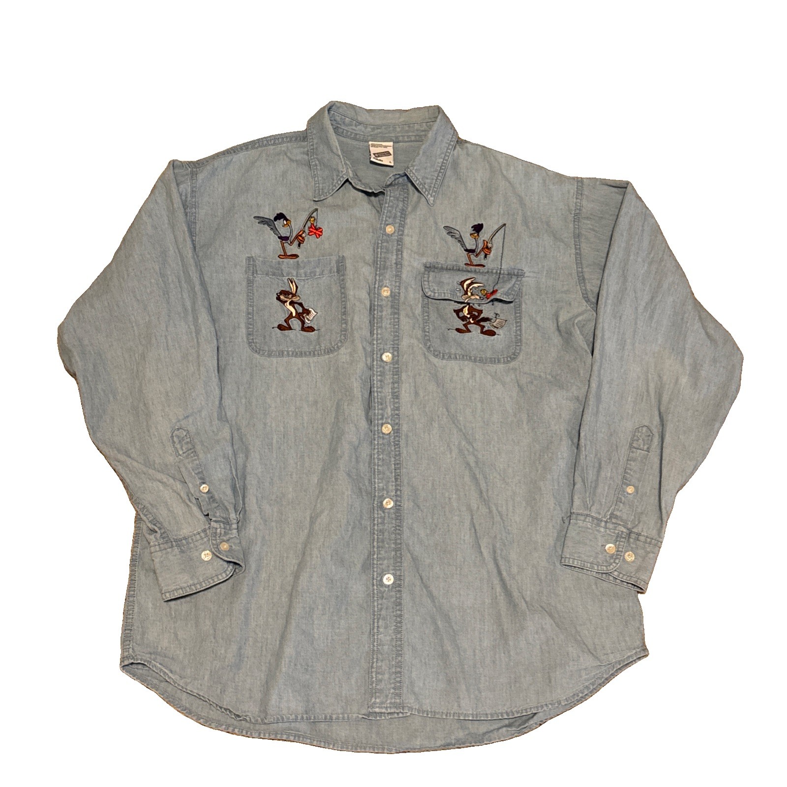 Vintage Warner Bros Looney Tunes Embroidered Blue Denim Button Up Shirt Men L
