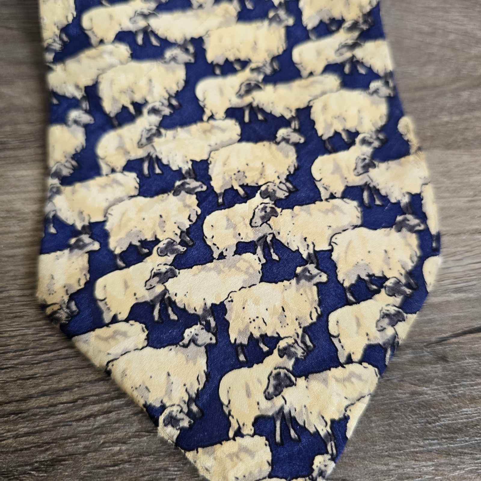 Museum Artifacts Silk Tie Mahogany Cream Flock Of Sheep Motif Necktie 58″