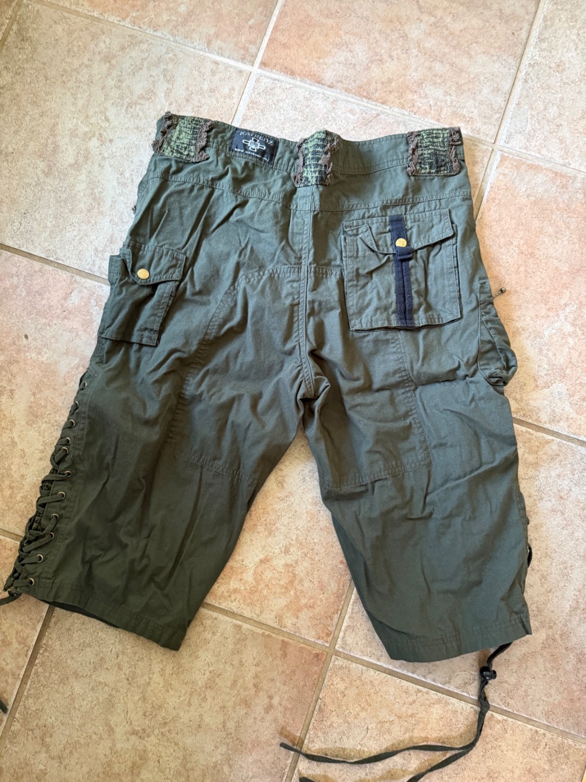 Ratredz 36 Waist 3/4 Cargo Shorts Olive Green Festival Lace Up Tribal Panels