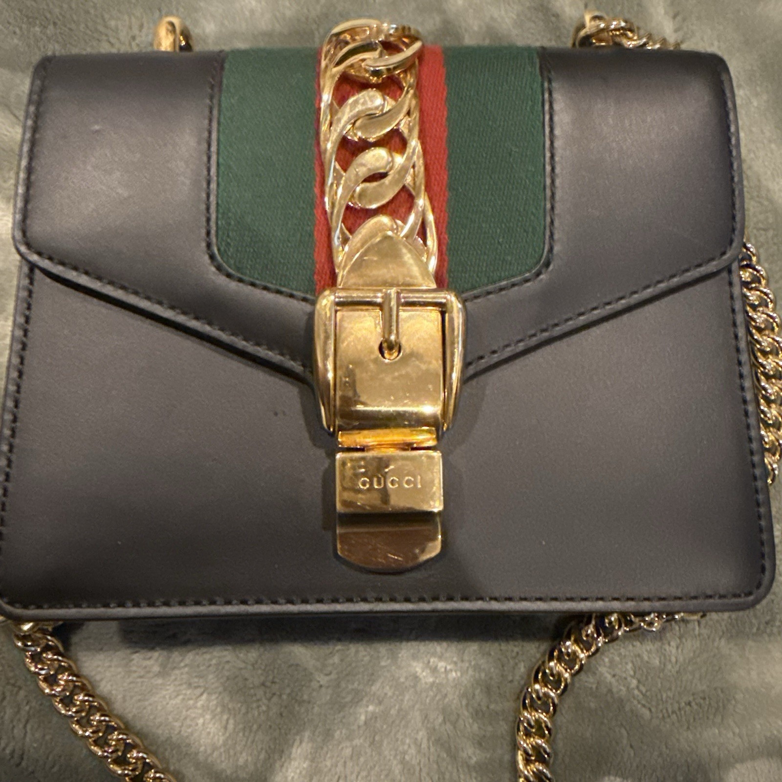Gucci Sylvie Small Black Leather Web Stripe Gold Chain Shoulder Bag 421882
