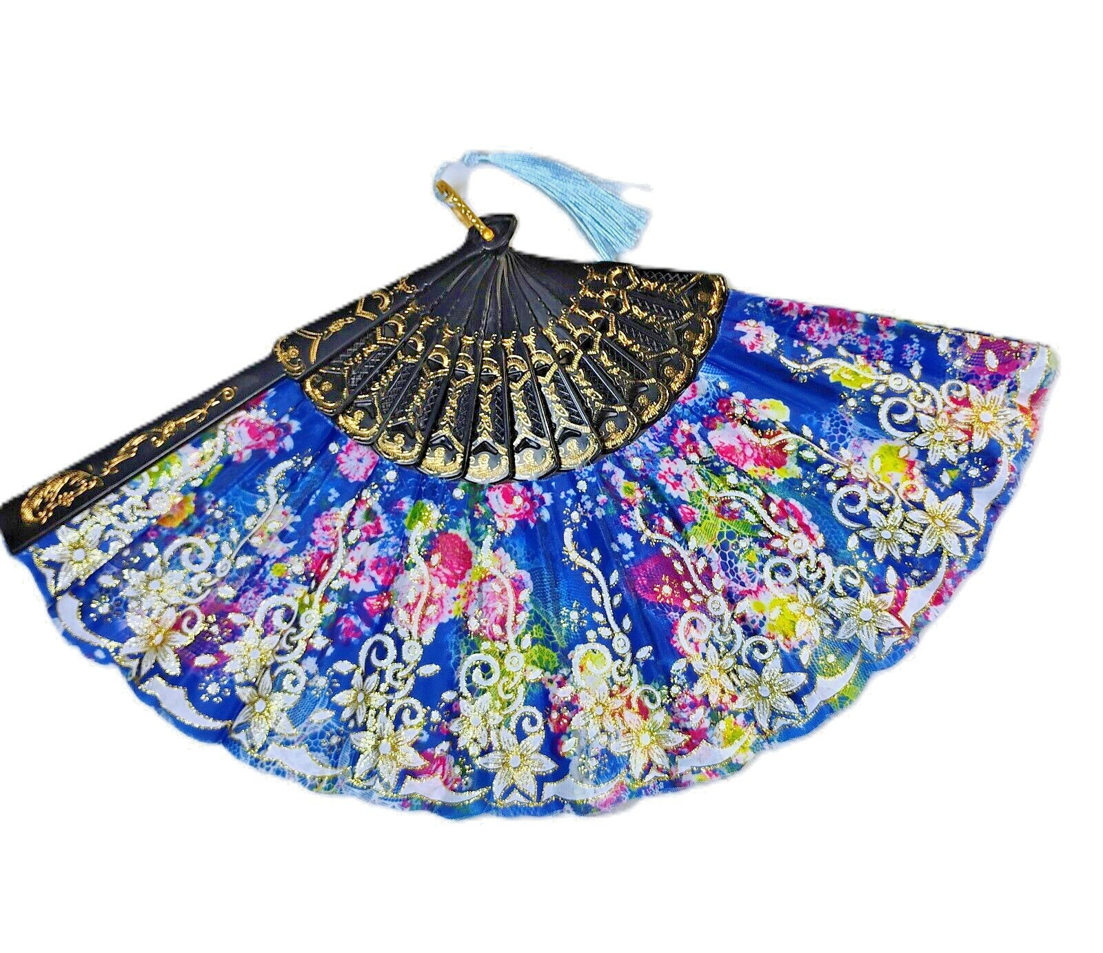 Vintage Floral Lace Folding Fan – 1970s Fabric & Plastic – Elegant Display Piece