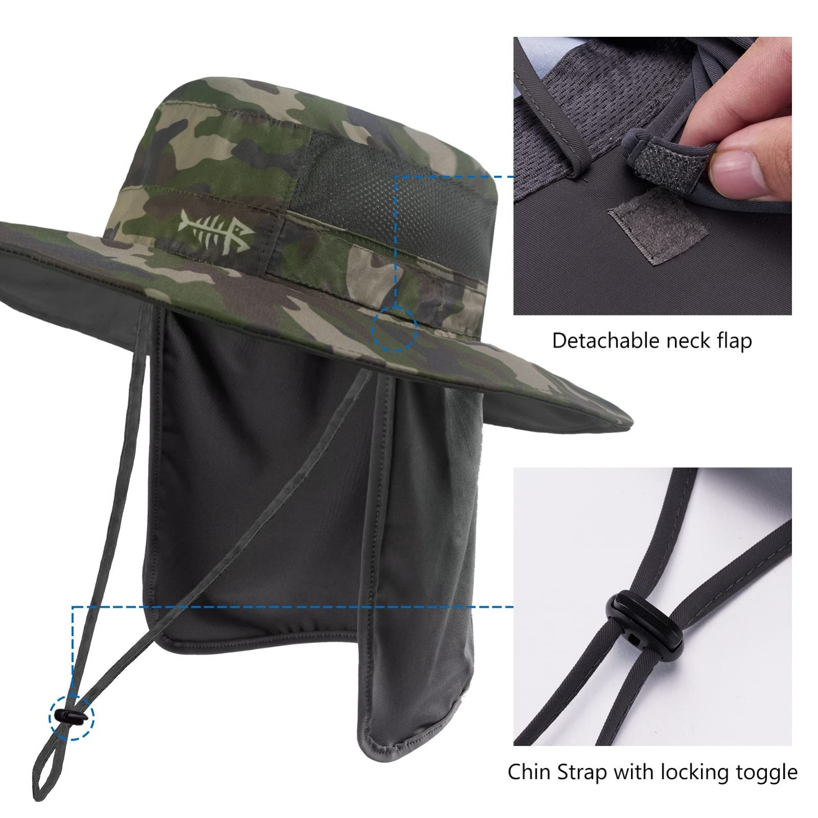 UPF 50+ Sun Protection Fishing Hat, Water Resistant with Detachable Neck Flap