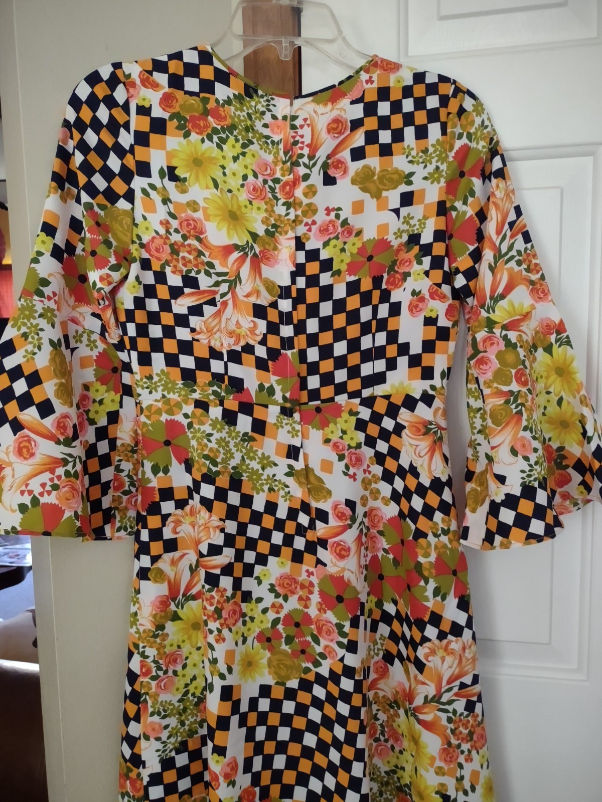 FUNKY FLOWER CHILD MCM ’70S POLYESTER DRESS 3/4 BELL SLEEVES SIZE SMALL HANDMADE