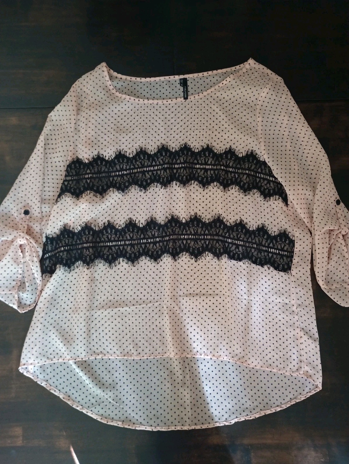 Maurices XL Pink/Black Polka Dot Chiffon Lace Round Neck Long Sleeve Blouse EUC