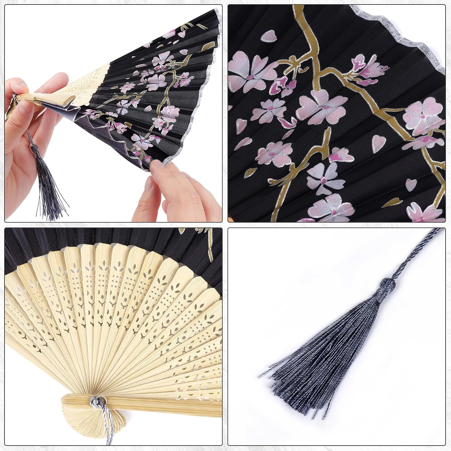 4 Pieces Folding Fans, Silk Fabric, Hand Holding Fans, Retro Style, Color D