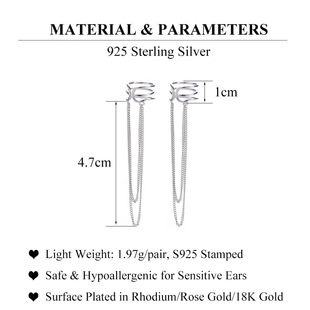 SLUYNZ 925 Sterling Silver No Piercing Cuff Earrings Chain for 1 cm, A-Silver